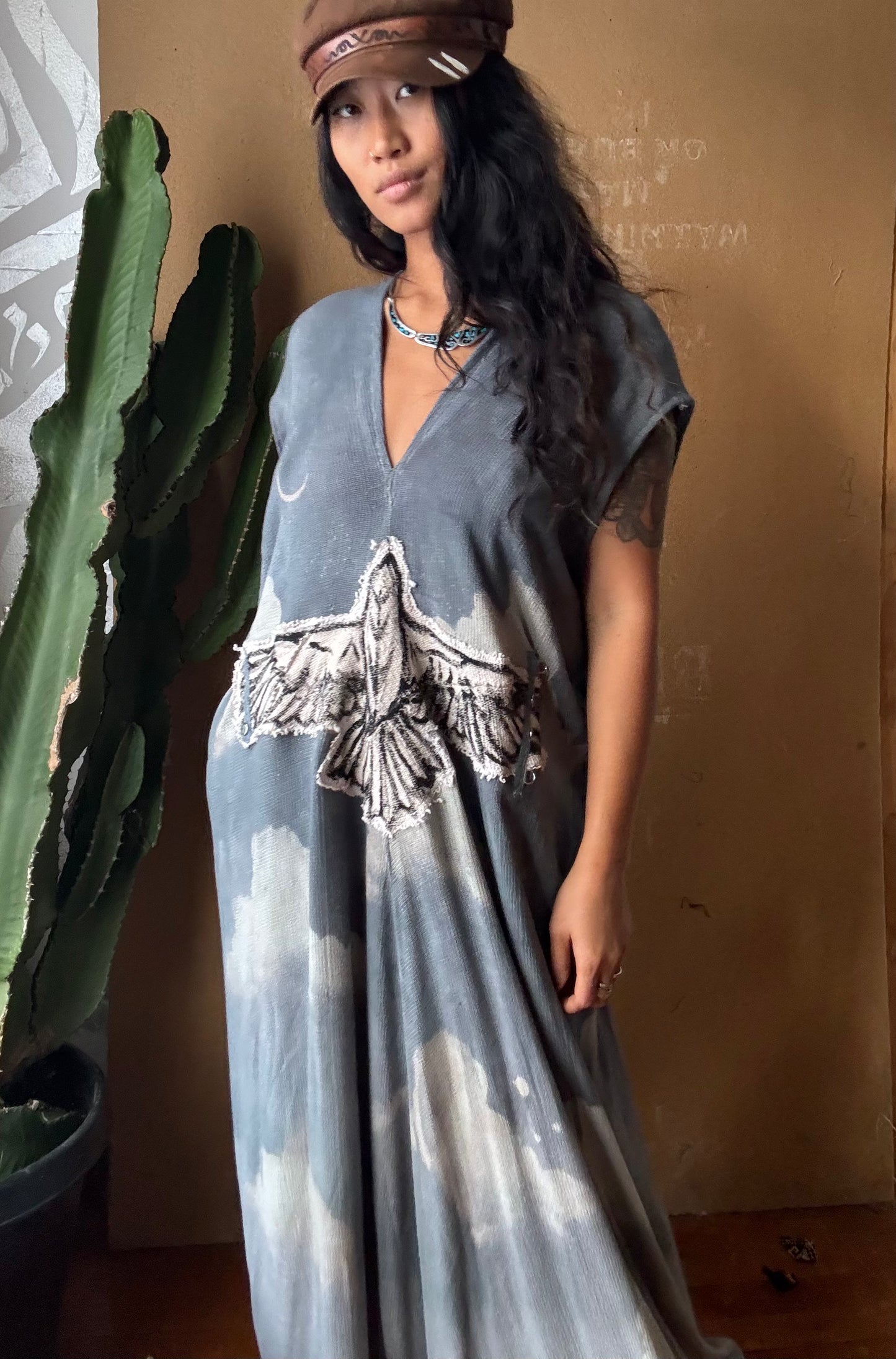 Regular (Fits S/M/L) Tall Maxi Dress (can Hem If requested) Silver Cloudy Sky Henka Dress - Hawk Spirit signs -Tie Back Hand painted Hawk patch -