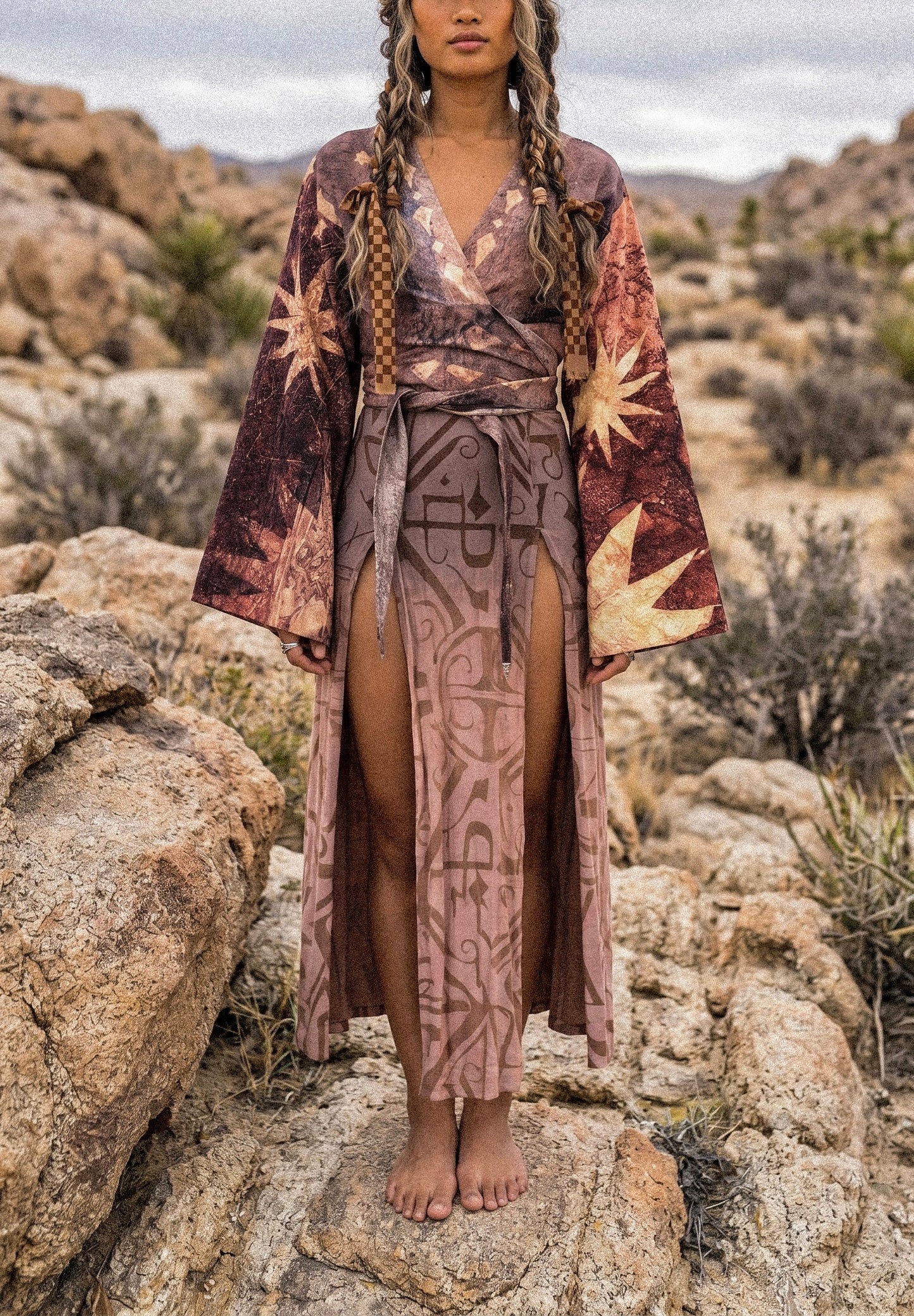 GOA Earth Celestial Kimono Wrap top - RTS - OXIDATION of the World Collection - 100% Organic Hand loomed Kala cotton -Digital Print/ Hand Painted Embellishments-bell sleeves