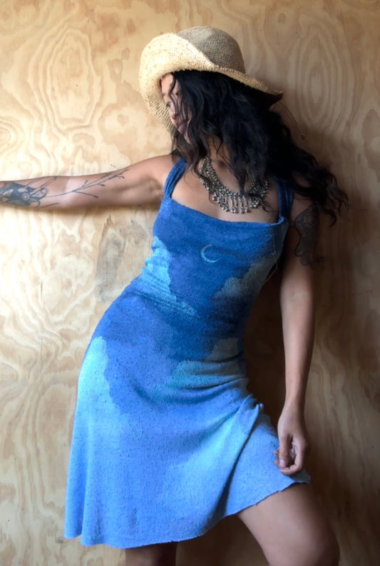 Small - New Blue SKies Dress - MINI Dress - Recommend for 5.4ft and under - Deadstock Fabric - 100% knitted Cotton