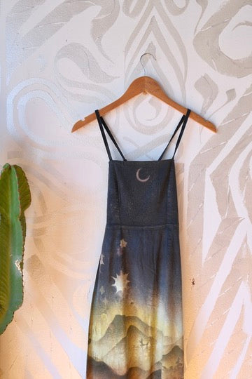 Small -  In the Mountains- Dress - Tie Back & Zipper - 50% Linen  48% Rayon  2% Spndx - Adjustable Straps-Upcycled Regenerazhinh -OOAK