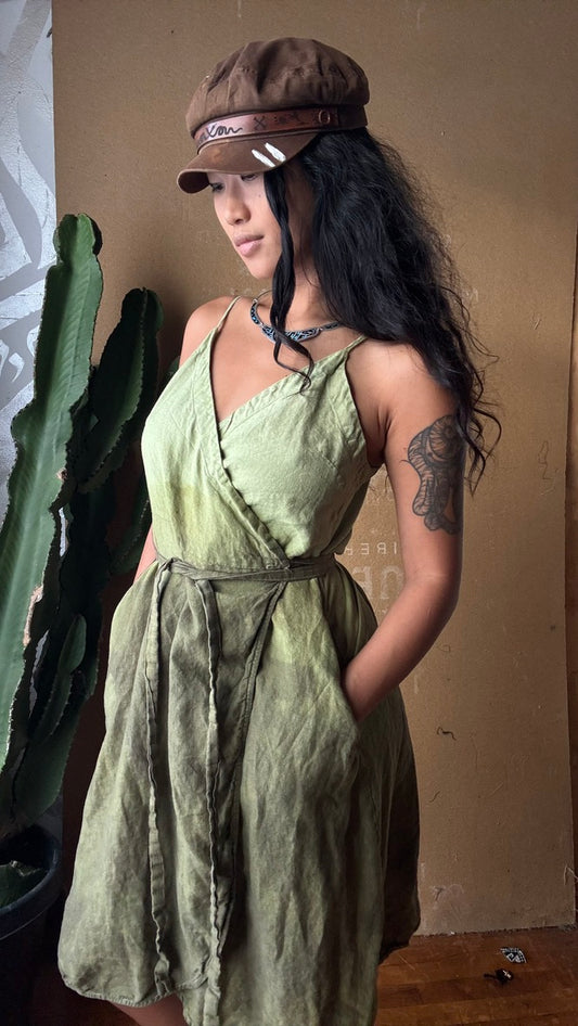 Medium - Green Ombre Soothe - Wrap Dress 100% Linen - Upcycled - Regenerazhinh