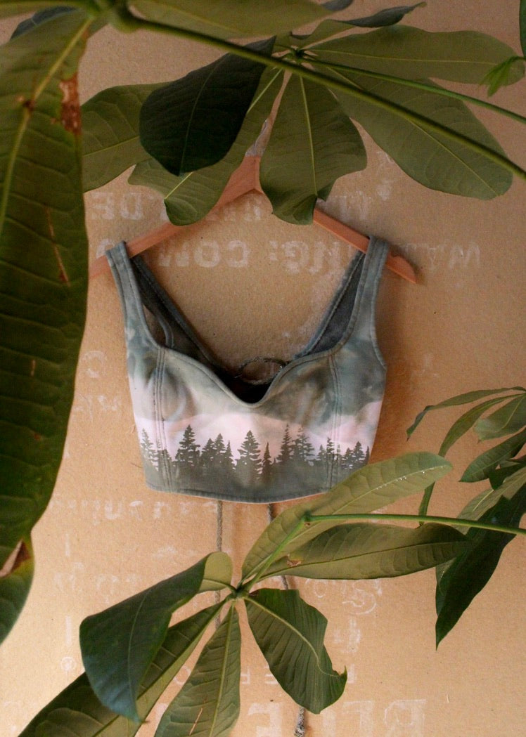 Small - Adjustable open back Corset Top - Forest Mountain Landscape - Organic Thick deadstock french terry - regenerative fashion - Screen printing