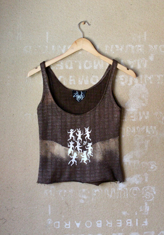Small - Celebration of Life Tank Top- Unique Gridded 100% cotton dead stock fabric - dark brown
