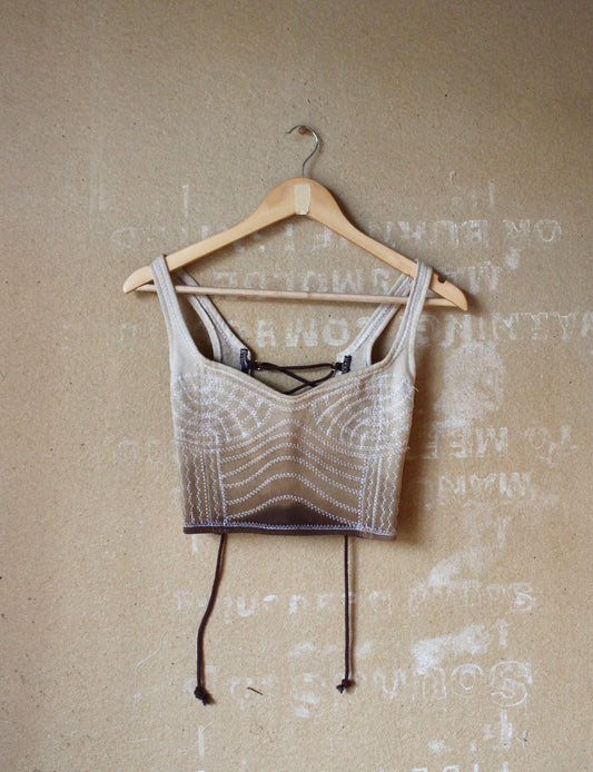 New! XSmall- The Continuum Corset - Vintage Hmong Hill tribe Tapestry Embellishents and Jasper stone beads on tie back