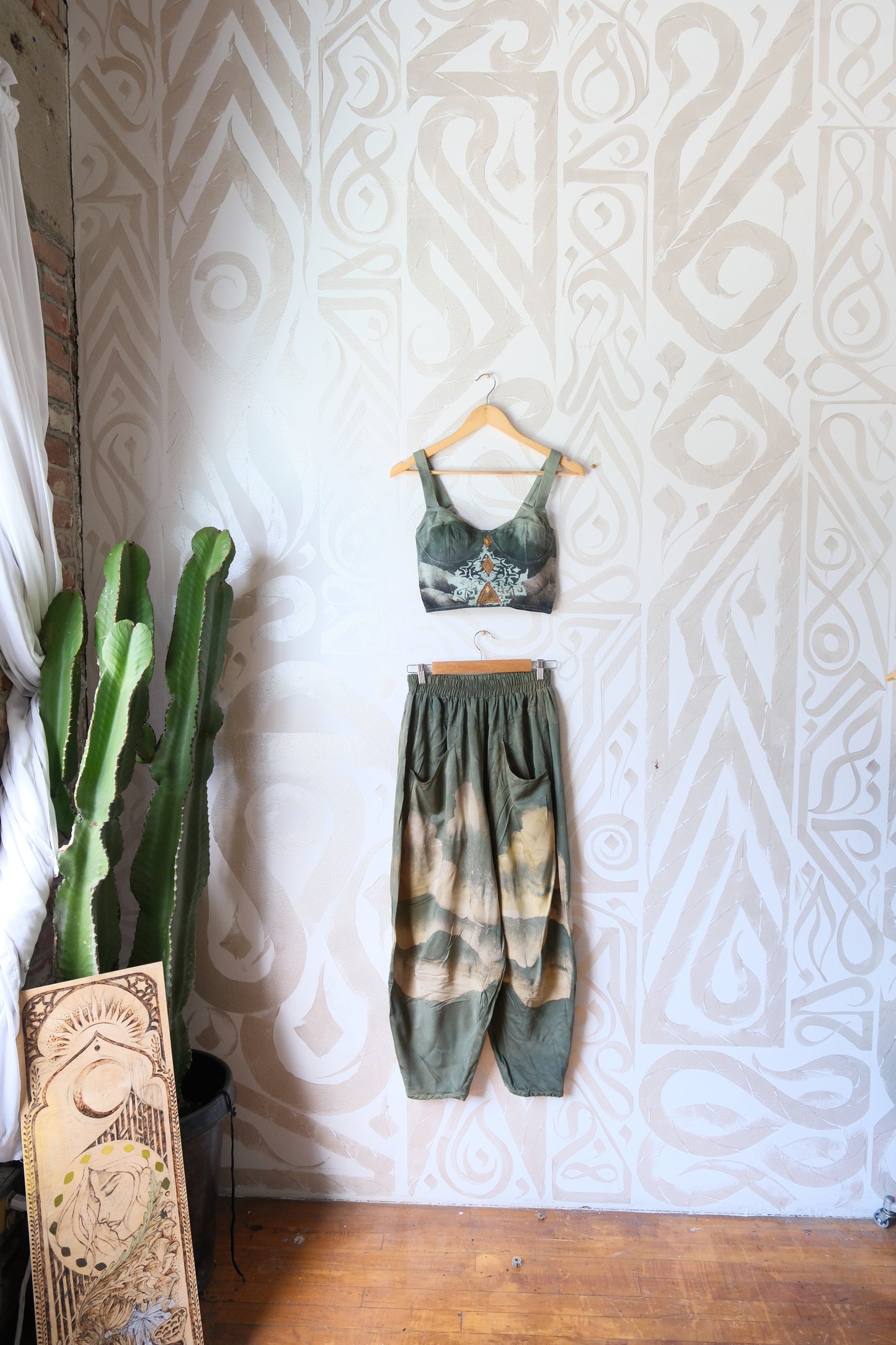 S/M- Jasmine Parachute Pants - Landscape soothe - Clouds - Agave - Made from milky soft  organic lotus plant waste - Vegan "silk