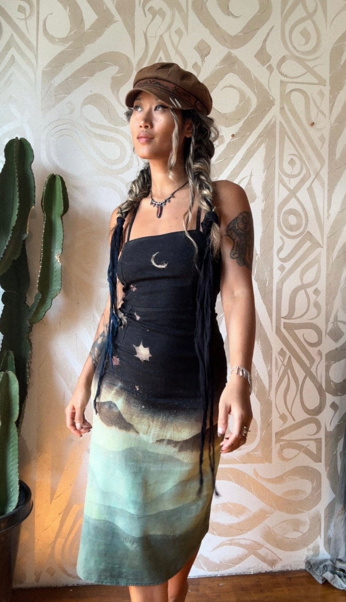 Small - Midnight Glowing Misty Mountains- Dress - Tie Back & Zipper - 50% Linen  48% Rayon  2% Spndx - Adjustable Straps-Upcycled Regenerazhinh -OOAK