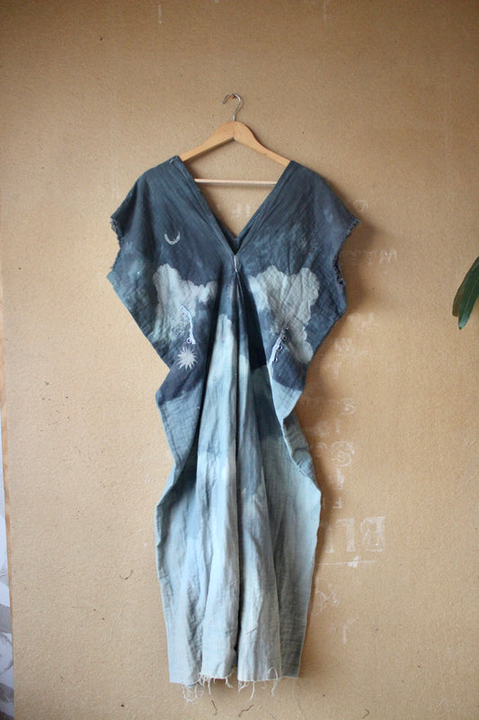 S/M/L/XL - OOAK - The thick Blanket Henka Dress - CLoudy blue skies Henka Dress - -Tie back Heavy heavy weight cotton gauze - 100% Cotton GAuze - 3 layered cotton gauze - Perfect for camping - like a blanket HEnka