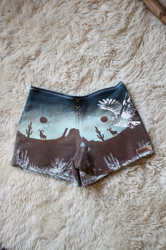 Small - Canyon Blues Bootie Shorts- Owl - THick French terry cotton heavy weigth sturdy durable -Screenprinted
