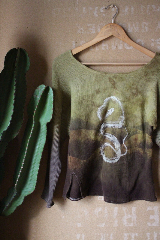 XS- Serpent Skeleton Long Sleeve Top- Lime Light - 100% Cotton open weave novelty cotton - limtied series deadstock fabric - 100%cotton thermal stretch sleeves