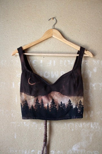 Small - Dark Night Corset Top - Trees landscape -  crescent moon- 100% organic heavy weight thick strong french terry - Sturdy