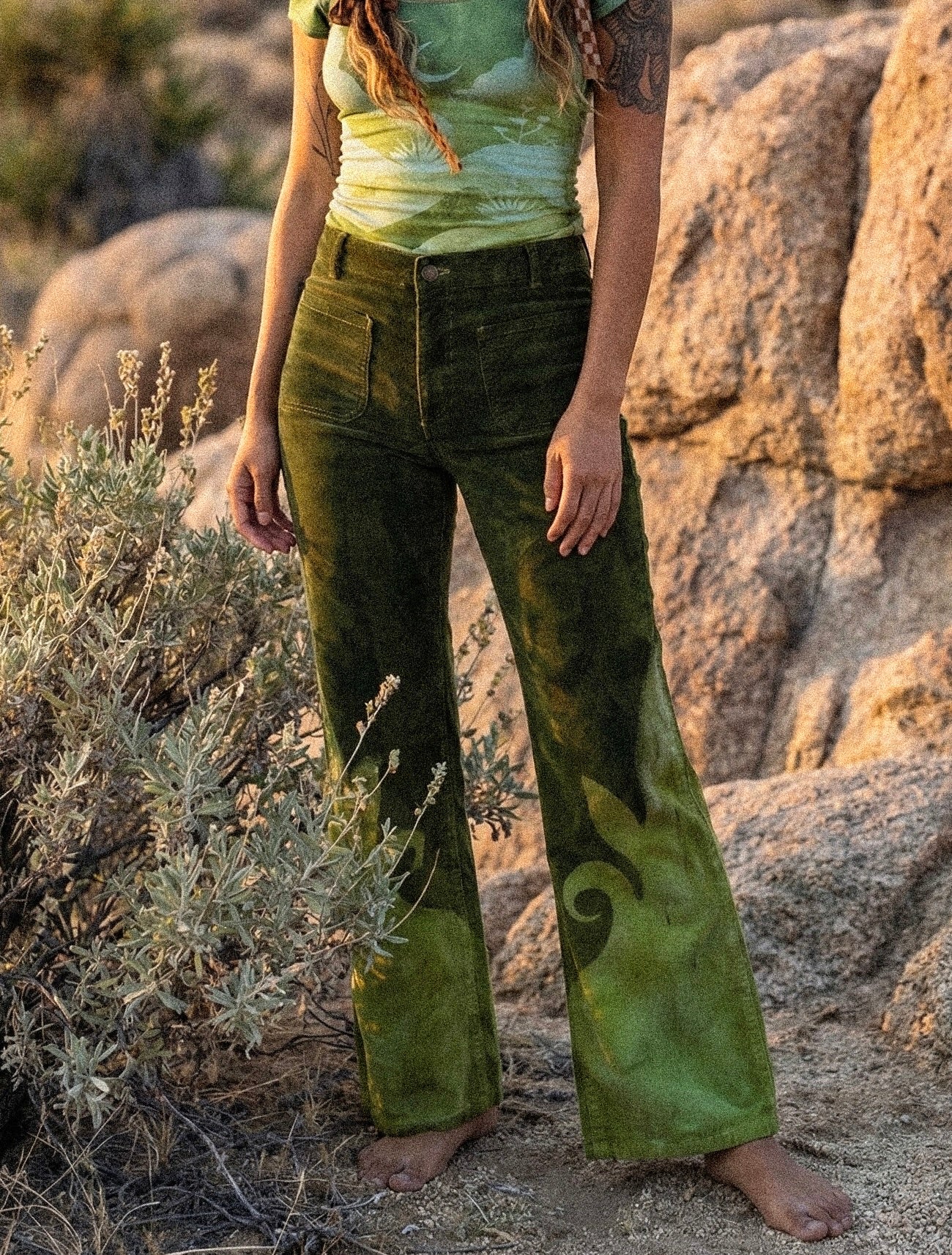 Small - Emerald Temple Swirl Pants - 100% Cotton Corduroy Pants - Hand dyed - Upcycled - Regenerazhinh