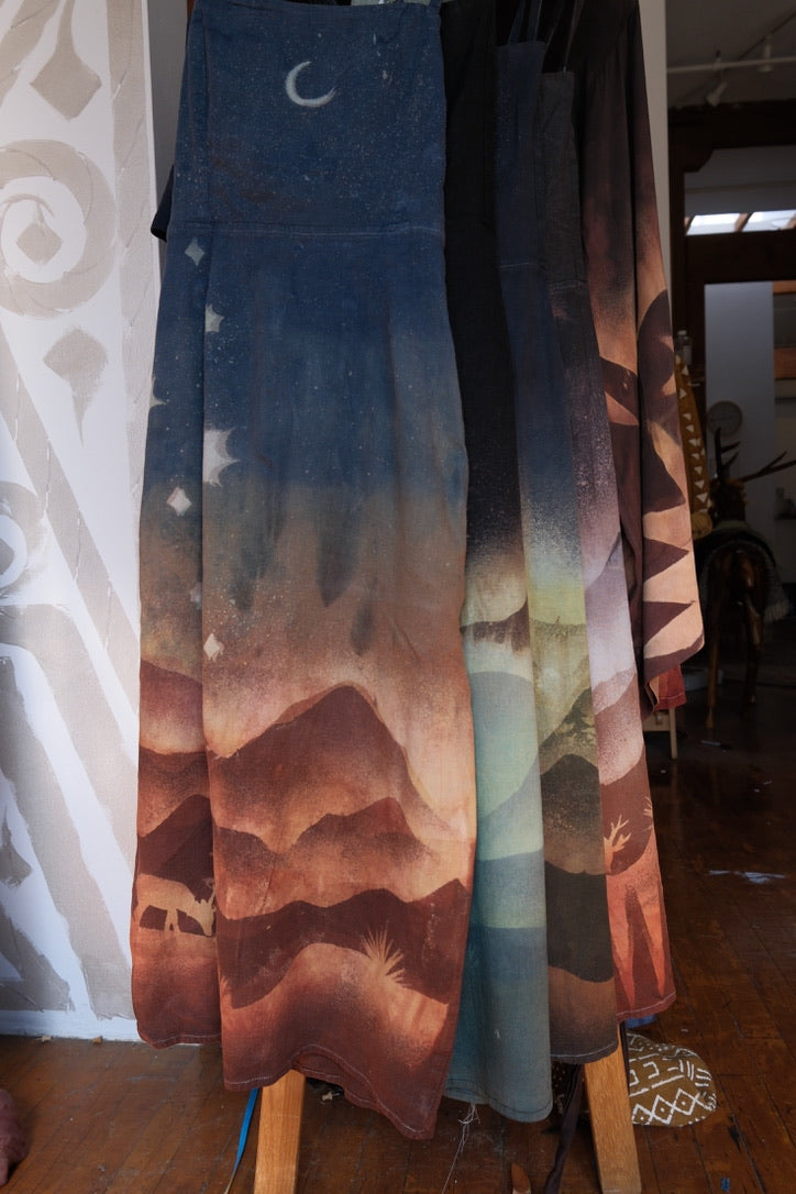 S/M -  Golden Hour In the Mountains- Dress - Tie Back & Zipper - 50% Linen  48% Rayon  2% Spndx - Adjustable Straps-Upcycled Regenerazhinh -OOAK - Recommended for Heights 5.8 and under