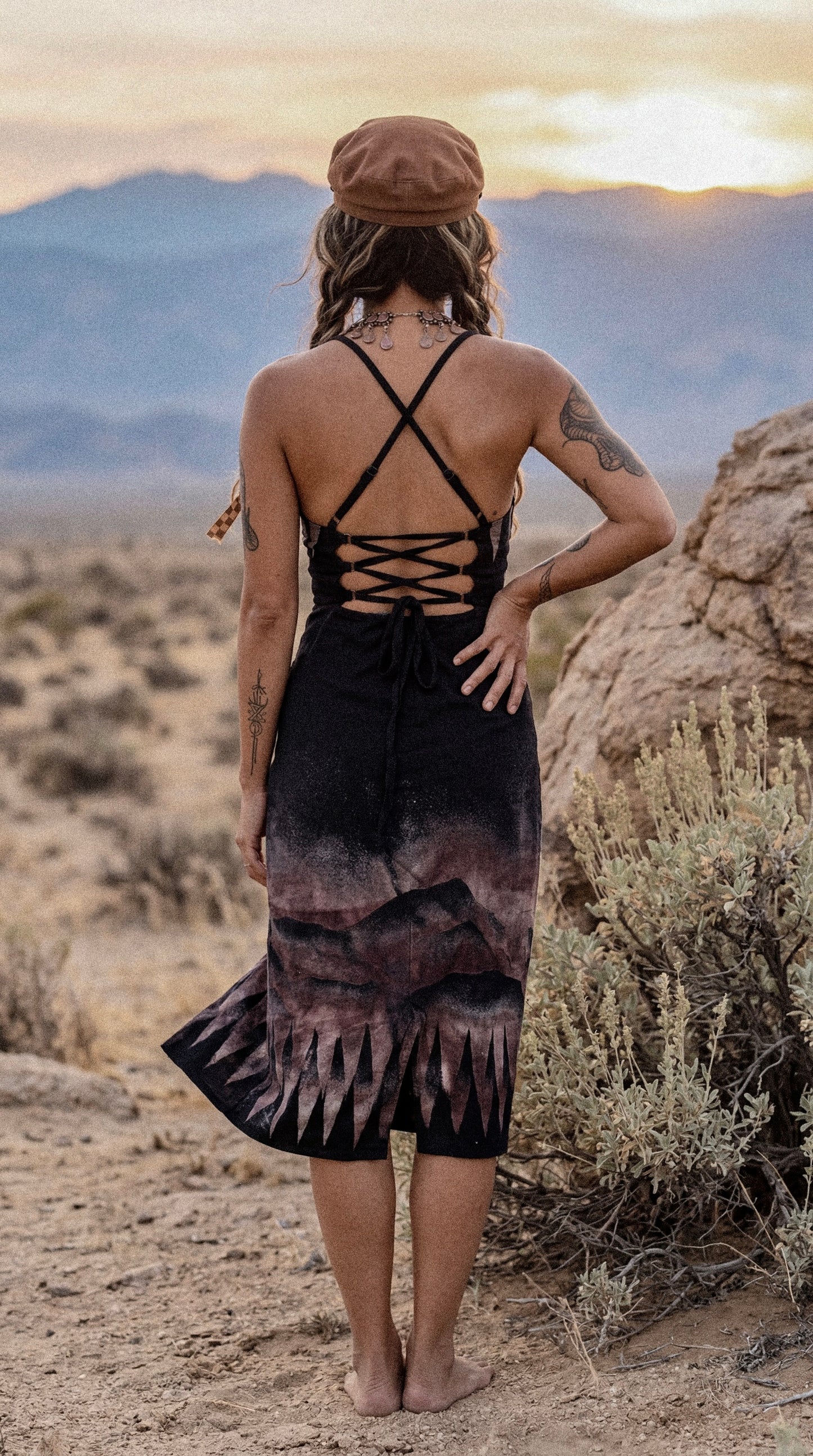 Fits M/L - Black Mysteries of the Mountains Dress-Made From 50% Linen 48%Rayon 2 % Spndx - Tie Back adjustable and Zipper - Stretchy -Uplcycled