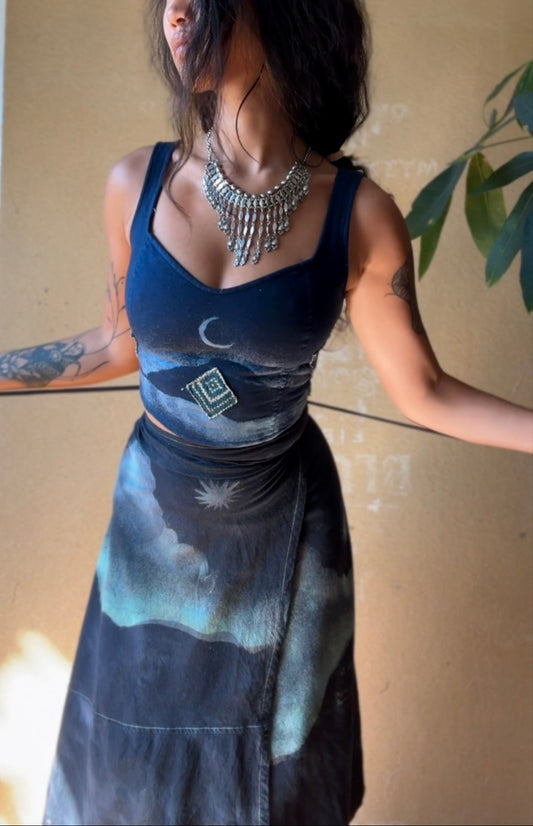 Fits Small & Medium Midnight Moon SET - Corset Top and Wrap Skirt - Vintage 70's Hmong HIll Tribe Vietnamese Patch