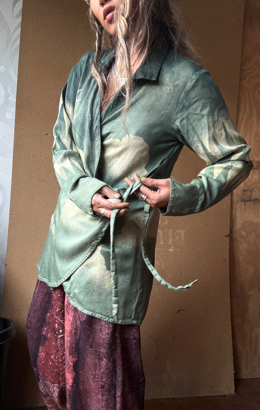 S/M - Jade Cloudy Skies Mountainous Sleeves-  Lotus Wrap Top- Vegan Silk Made from Lotus Waste - Versatile Style