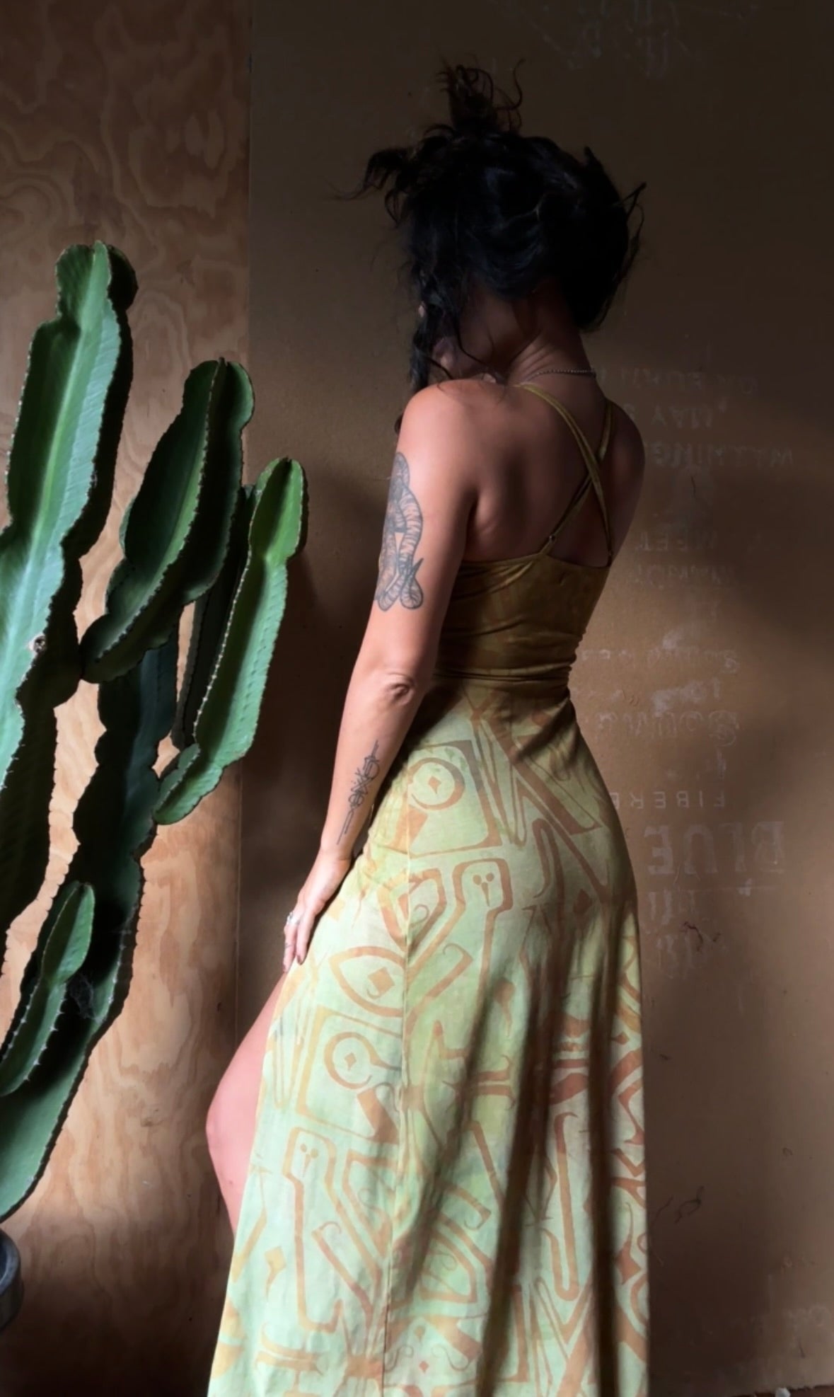 Small - Mustard Lime Glow - Limited series -Darkoski X Zhinh Collaboration Empress Warrior Slit Dress- Screen Printed 66% bamboo, 26% cotton, 8% spandex- Recommended for 5.5ft and under