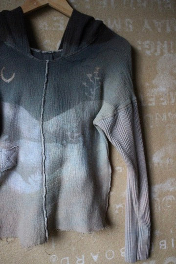 XS- ITs a Moody Day Hoodie Longsleeve top -OOAK - Cotton Thermal sleeves- - Oversized Hood- 100% open weave Cotton - Deadstock fabric lightweight and warm