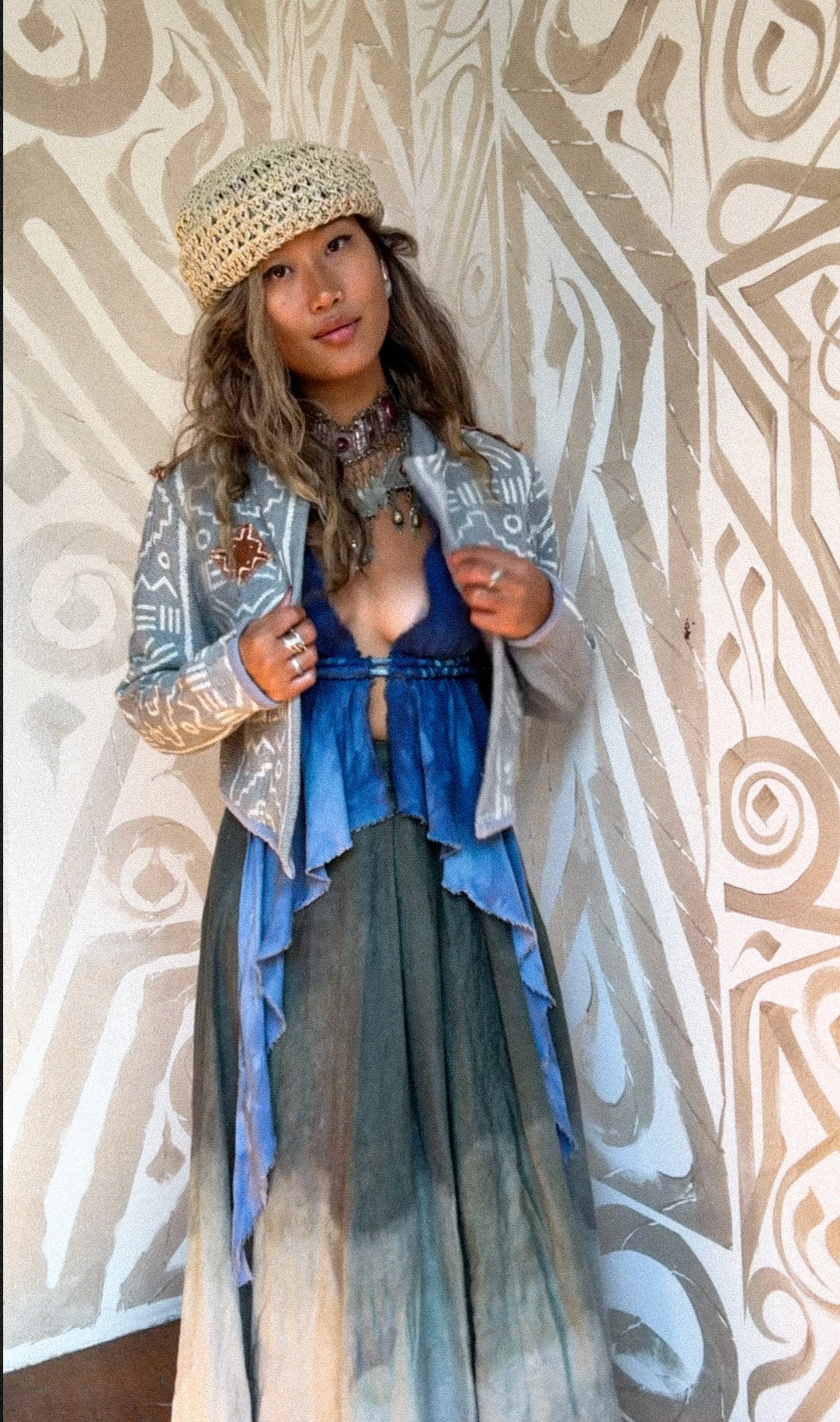 Blue Clay - 2 Mud Cloth Crop Jacket Custom Slots - Statement Jacket - Plant/Dyed Mud Dyed Printed Hand woven 100% Cotton - Authentic African Mud Cloth
