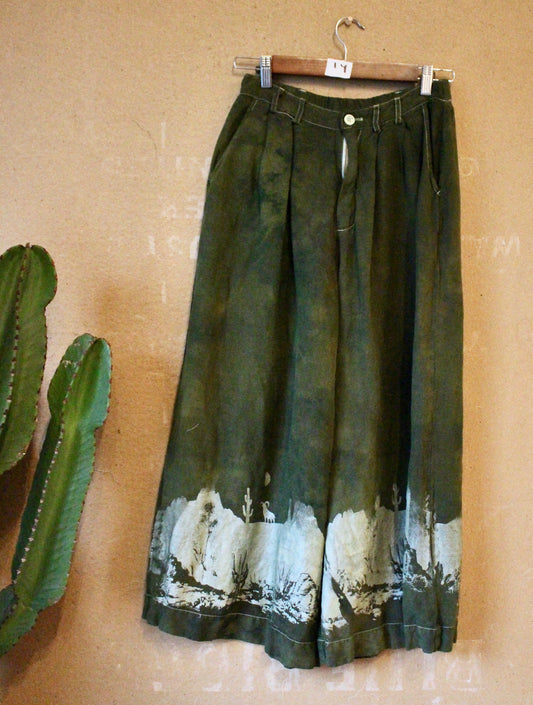 Medium - Cactus Green Desert Pants -Screen Printed - Wide Legged -  55% linen, 45% rayon (stretchy waistband)