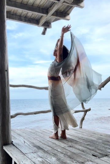 Free Size- Sunset Horizon on the Lake- EXPANSE 100% dead stock Silk Chiffon Cover up Dress- Adjustable  straps