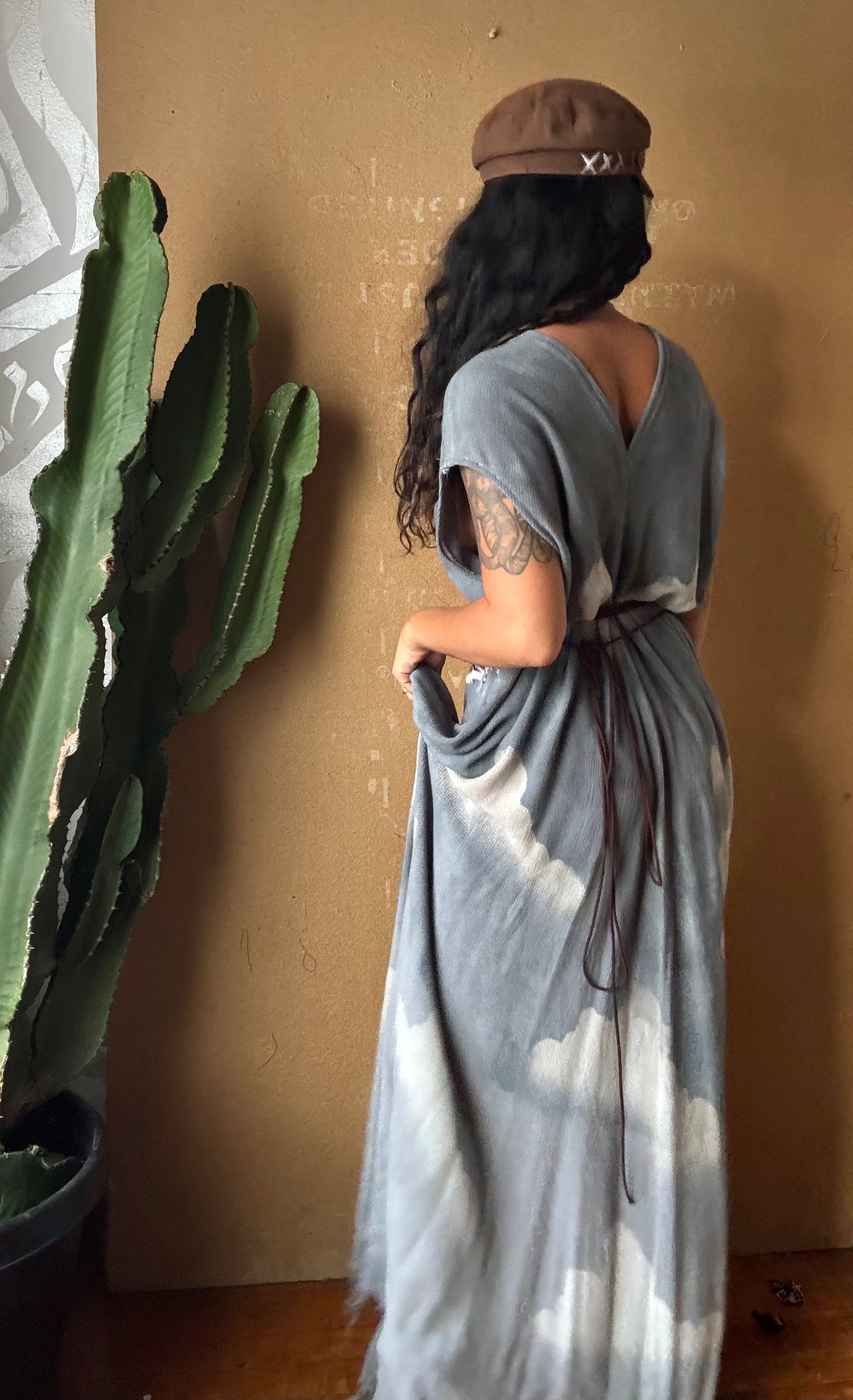 Regular (Fits S/M/L) Tall Maxi Dress (can Hem If requested) Silver Cloudy Sky Henka Dress - Hawk Spirit signs -Tie Back Hand painted Hawk patch -