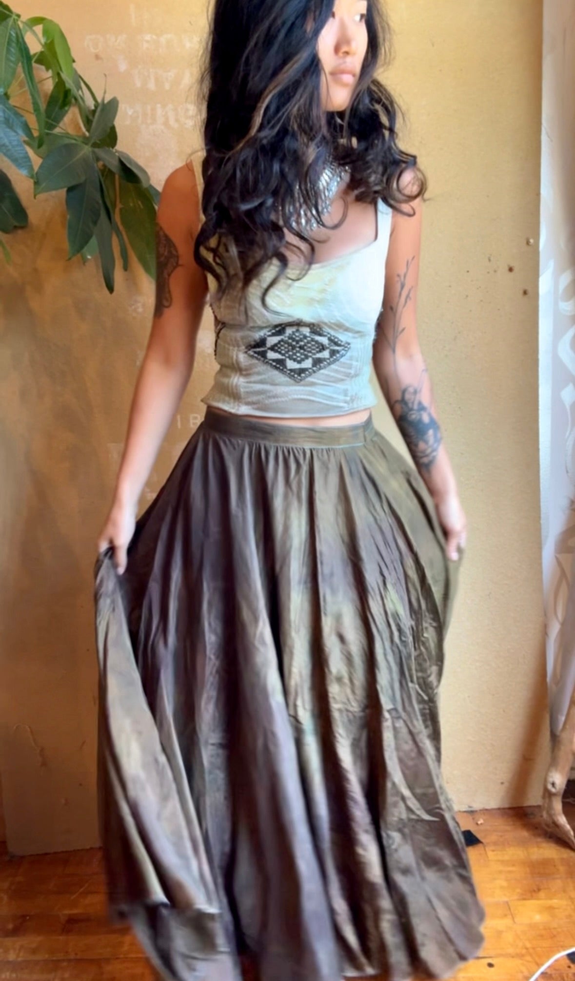 Small - Bronze Beetle Maxi/midi Skirt - Made from 8 meters of 100% Peace Ahisma Silk - Hand dyed- Olive green/bronze/brown -OOAK