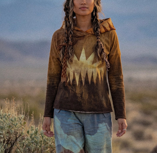 Small - Mustard Grand Settings Lioness Mountain Travel Hoodie - Oversized Hood- Deadstock fabric - 100% Cotton Soft - Deadstock fabric