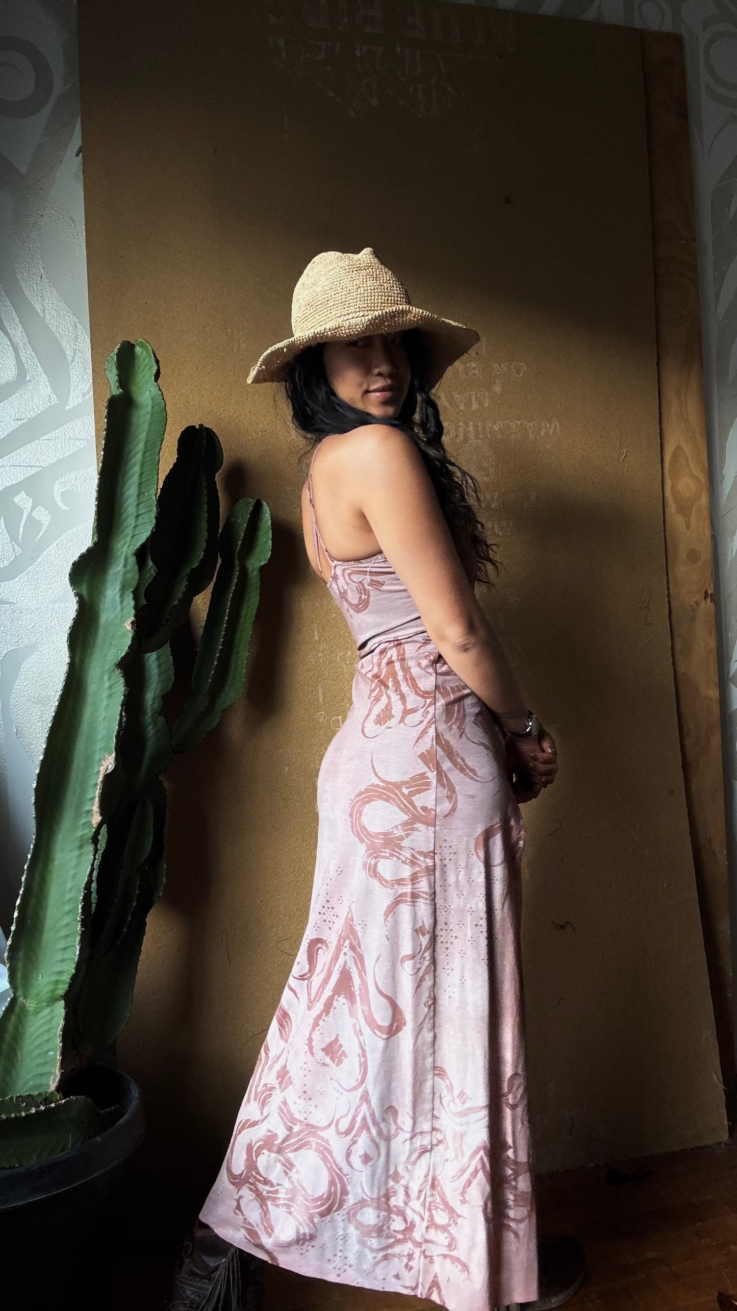 Small - Mauve Flow Print  -SHort Length ( recommended For 5.5ft and shorter)  Limited series -Darkoski X Zhinh Collaboration Empress Warrior Slit Dress- Screen Printed 66% bamboo, 26% cotton, 8% spandex- Recommended for 5.5ft and under - 2 in stock