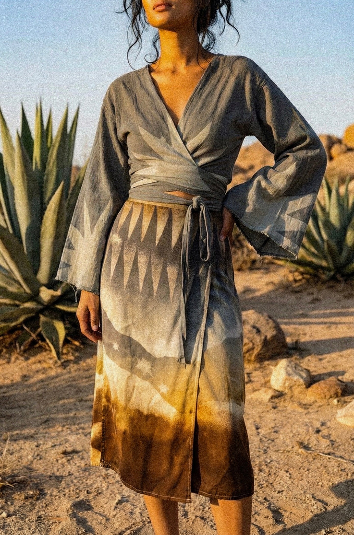 S/M - The Cold Front over the Desert -OOAK Landscape Tapestry Wrap Skirt-  Orange peel waste "silk" Fabric- Dip dyed- Handcut Stencil design