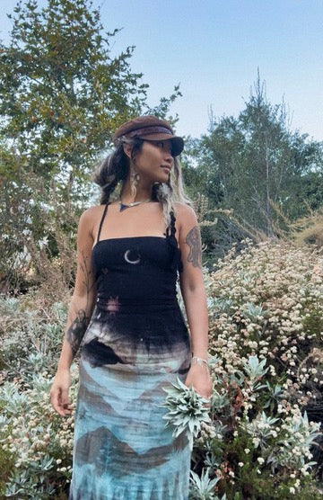 M/L - Midnight Glowing Mountains- Dress - Tie Back & Zipper - 50% Linen  48% Rayon  2% Spndx - Adjustable Straps-Upcycled Regenerazhinh -OOAK - Recommended for Heights 5.6ft and under