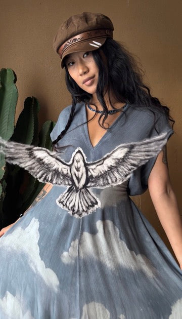 Regular (Fits S/M/L) Tall Maxi Dress (can Hem If requested) Silver Cloudy Sky Henka Dress - Hawk Spirit signs -Tie Back Hand painted Hawk patch -