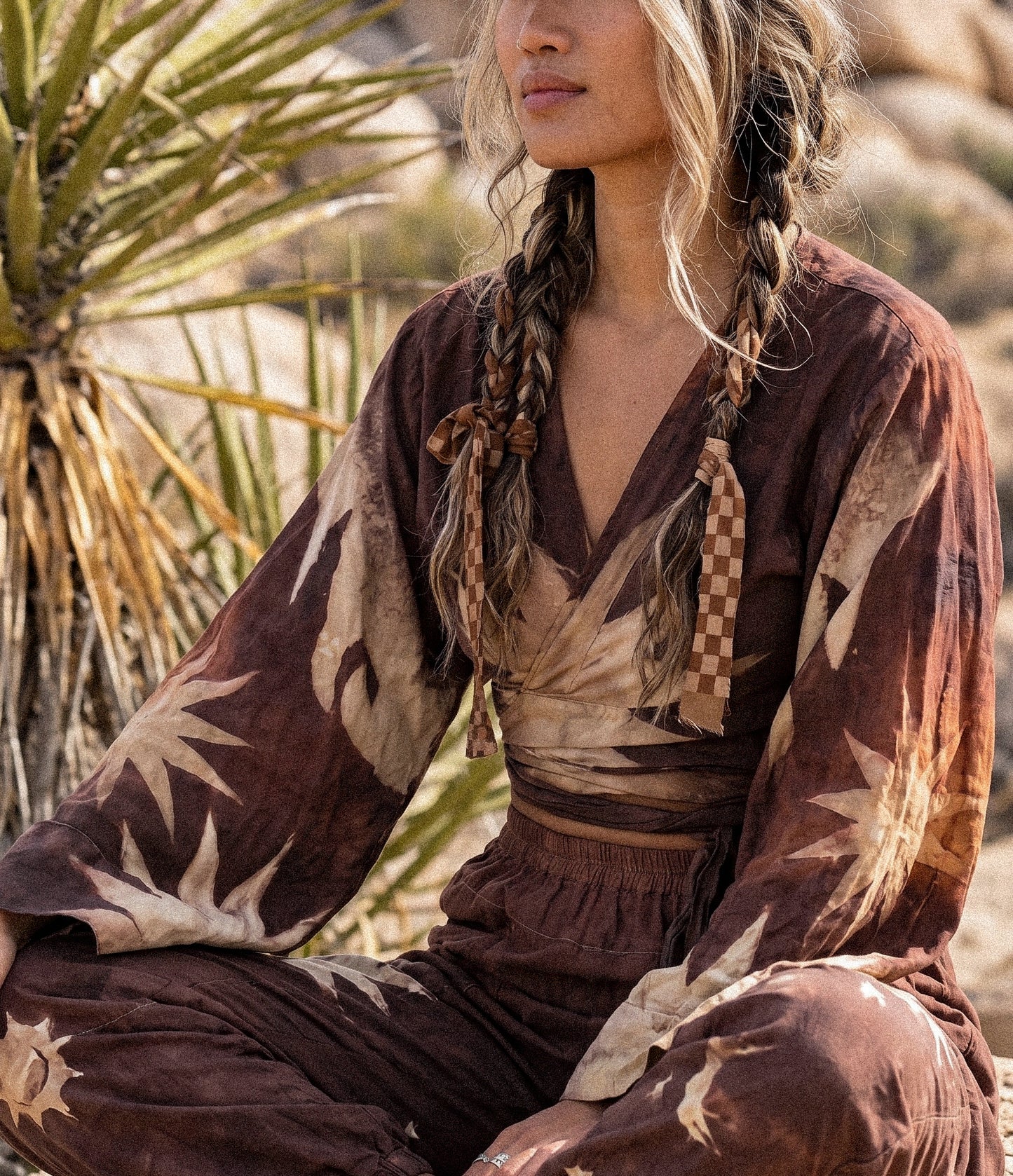 S/M- Mauve Starburst -Kimono Wrap Top- RTS- Regal/Casual - Bell sleeves- Made From Lotus Agricultural waste "Silk"