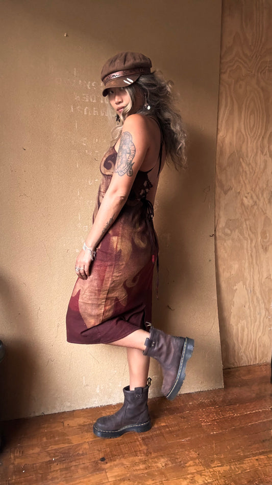 L/XL (Fits US 10-12) Blood Dragon Dress - Tie Back/Back Zipper/Stretch -50% Linen/48%Rayon/2%Spndx- Upcycled Dress - Regenerazhinh Collection - Limited Design