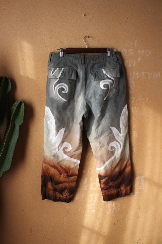 1 Pants OOAK SIZE: 10 -100% cotton Landscape - Temple Swirl - Regenerazhinh Upcycled Pants
