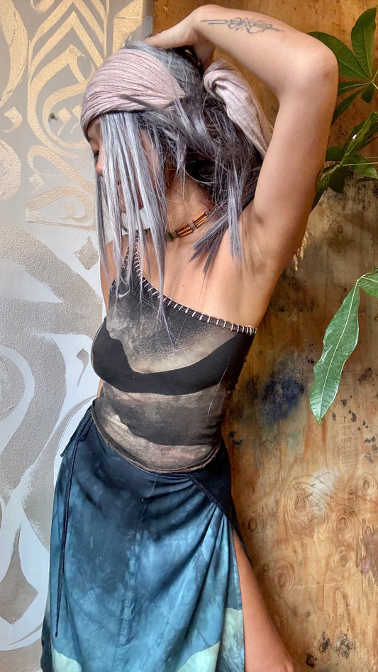 New! RTS Small- Charcoal Midnight Desert- One Shoulder Top - Hand Embroidered- Organic 96% Cotton 4%spandex