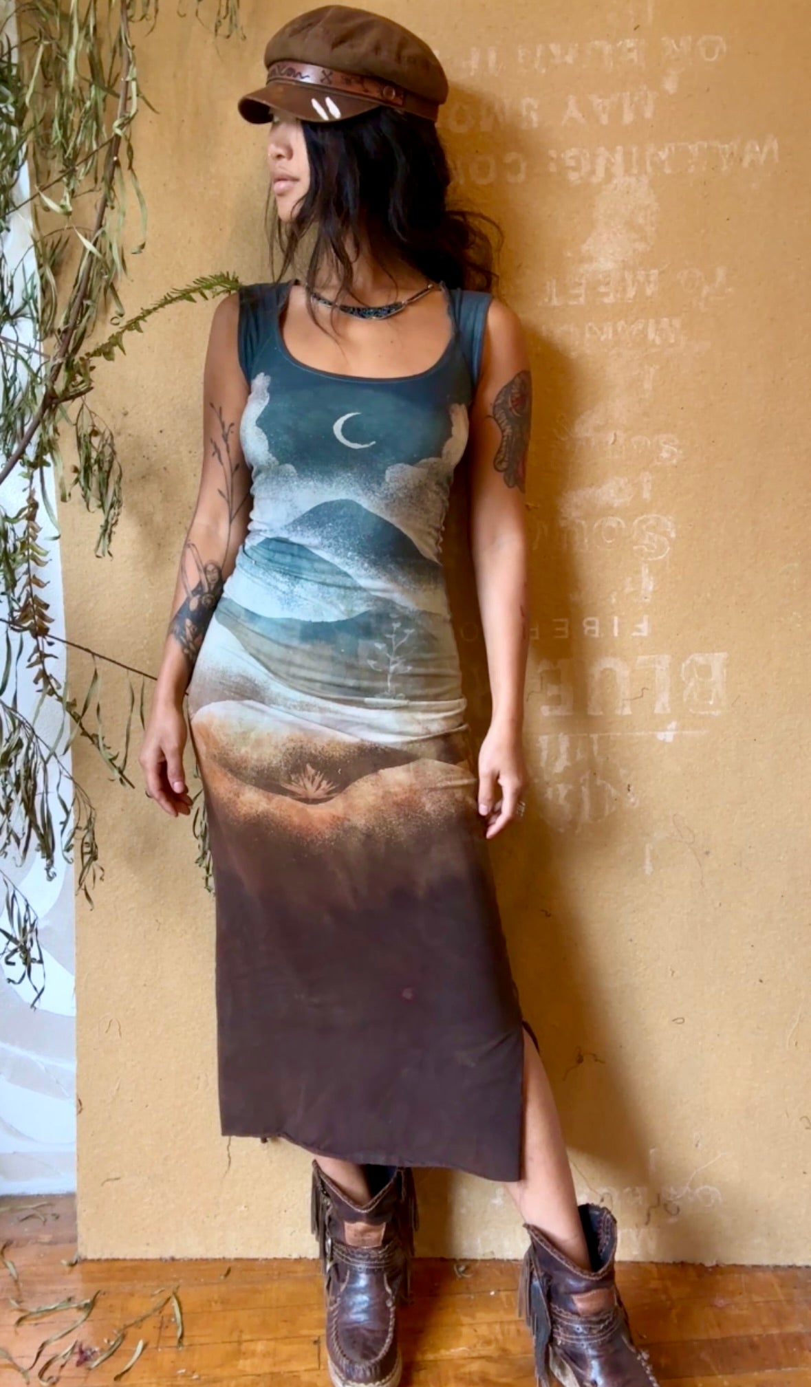 New! Small -Poly Chrome Settings Basket DRESS - An ode to the past- 96%cotton 4% Spandex- Stretchy - hand dyed - stenciled
