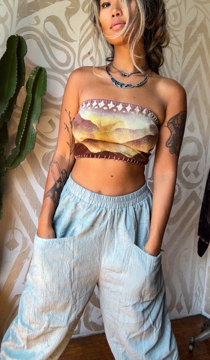 Small - Misty Mauve Mountain Tube Top - Handpainted- Hand embroidered  - 91% organic cotton and 9% elastane -super soft