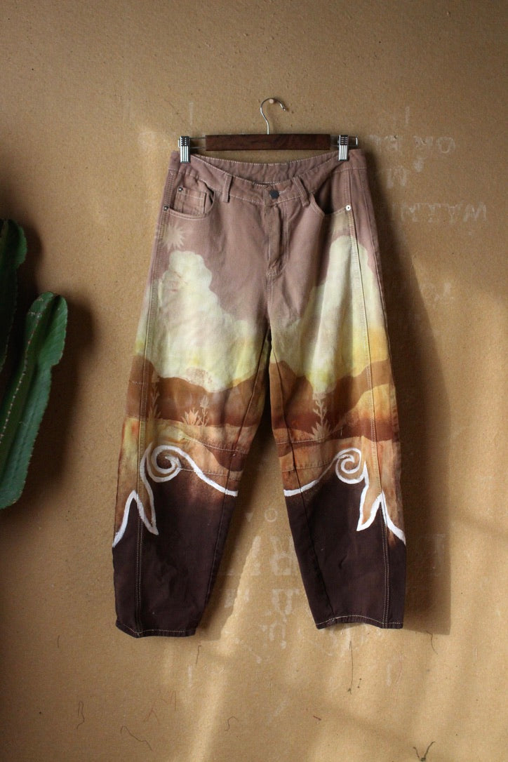 5 Pants- S/M (4/6) - Blush Secrets Landscape -100% cottonv- Temple Swirl - Regenerazhinh Upcycled Pants