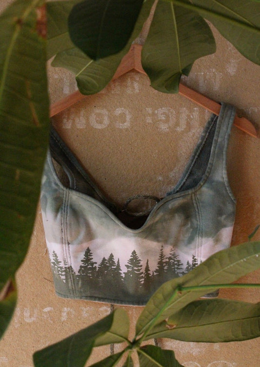 Small - Adjustable open back Corset Top - Forest Mountain Landscape - Organic Thick deadstock french terry - regenerative fashion - Screen printing