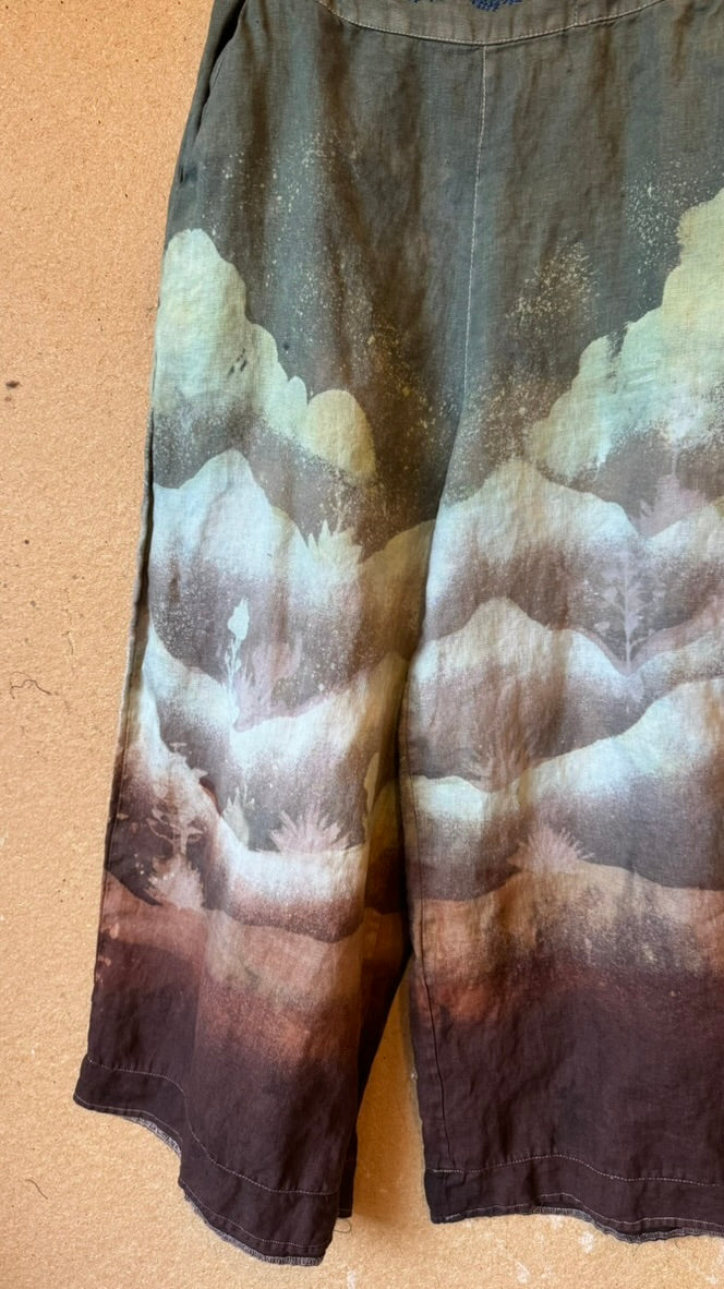 S/M -Size 4- Desert Soothe Landscape Wide Legged Pants - Embroidery waist detail - Linen Pants - Upcycled - OOAK