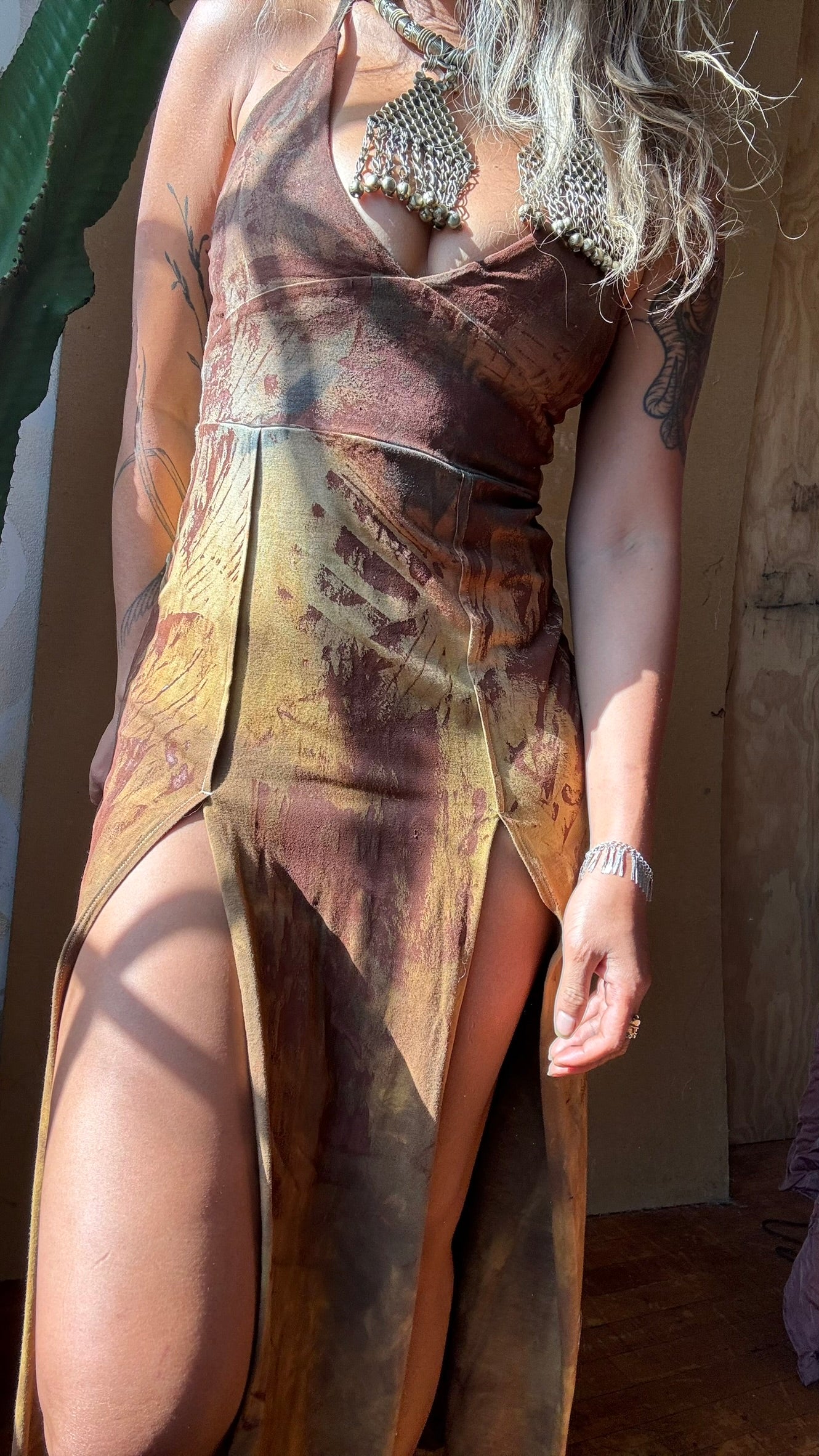 Small - OXIDATE Rust Empress Slit Dress- OOAK - Hand dyed/Painted - Bamboo/Cotton/4 % Spndx