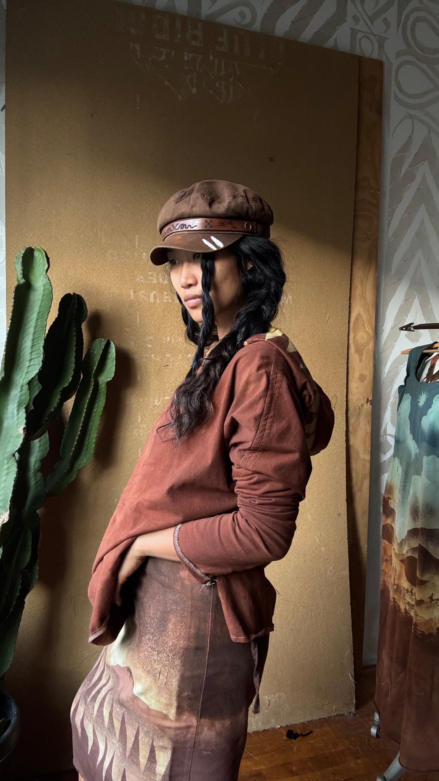 Medium -Terracotta Clay plain solid with Mountain print hood - Slouchy Long sleeve Hoodie  - Oversized Hoodie - 100% Triple layered Cotton heavy weight cotton Gauze - Cotton thermal stretch sleeves