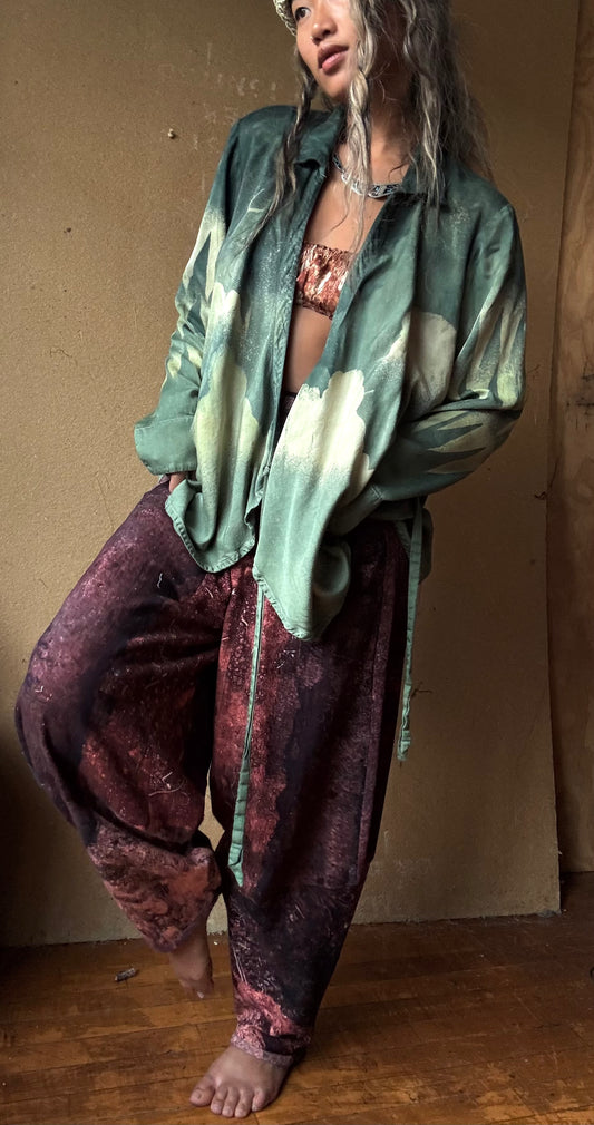 S/M - Jade Cloudy Skies Mountainous Sleeves- Lotus Wrap Top- Vegan Silk Made from Lotus Waste - Versatile Style
