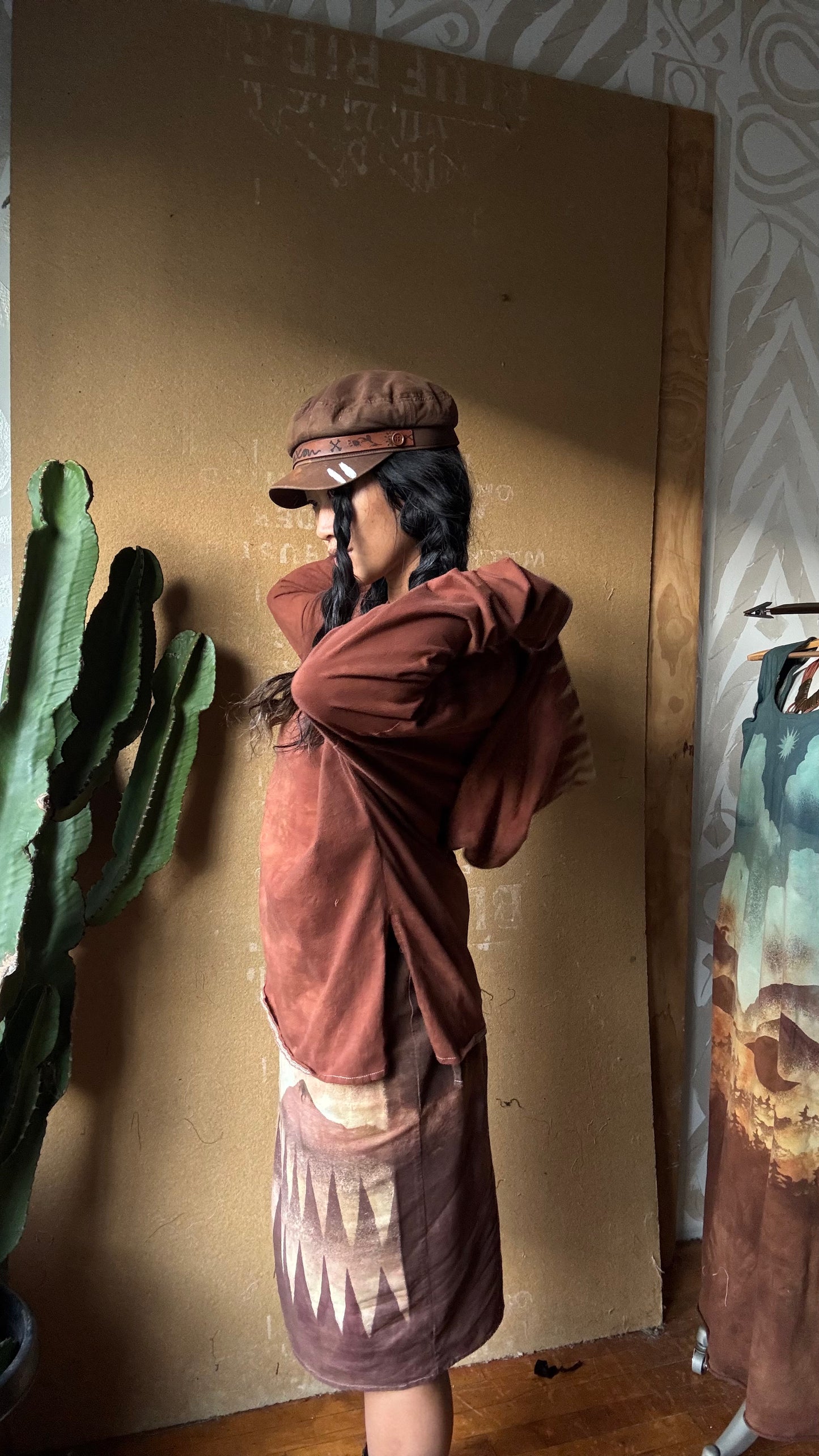 Medium -Terracotta Clay plain solid with Mountain print hood - Slouchy Long sleeve Hoodie  - Oversized Hoodie - 100% Triple layered Cotton heavy weight cotton Gauze - Cotton thermal stretch sleeves