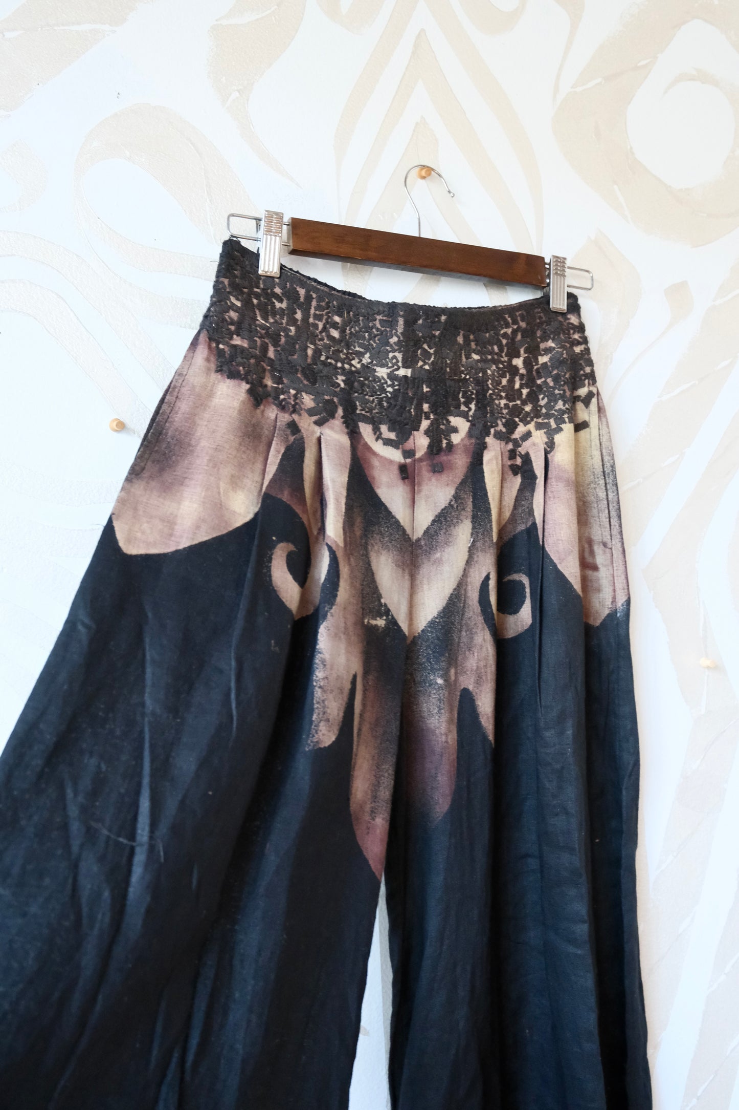 Size 4 - (Fits small -Medium ) The Black Dragon Pants- Wide legged Skirt Like Pants - -Pleated - Pockets -40 Cotton 60 Linen - OOAK - Embroidered Detailed waist - Stretch back waist band