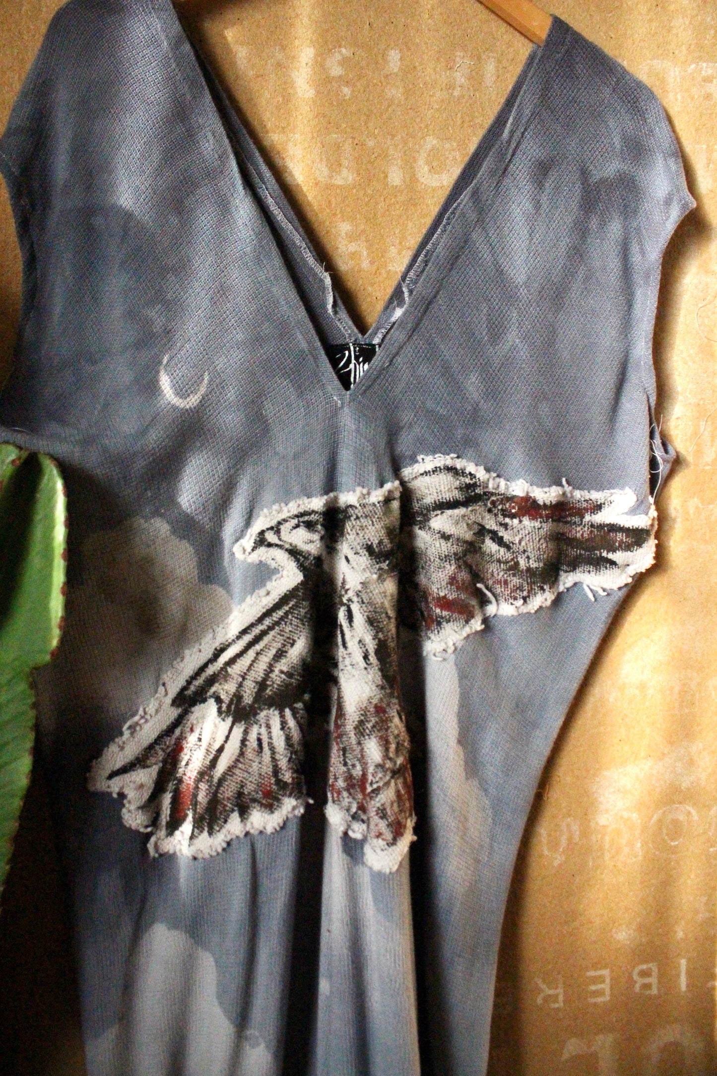 Fits S/M/L) Tall - Silver Cloudy Sky Henka Dress - Hawk Spirit signs -( I can hem Short if Needed) Tie Back Hand painted Hawk patch - (Copy)