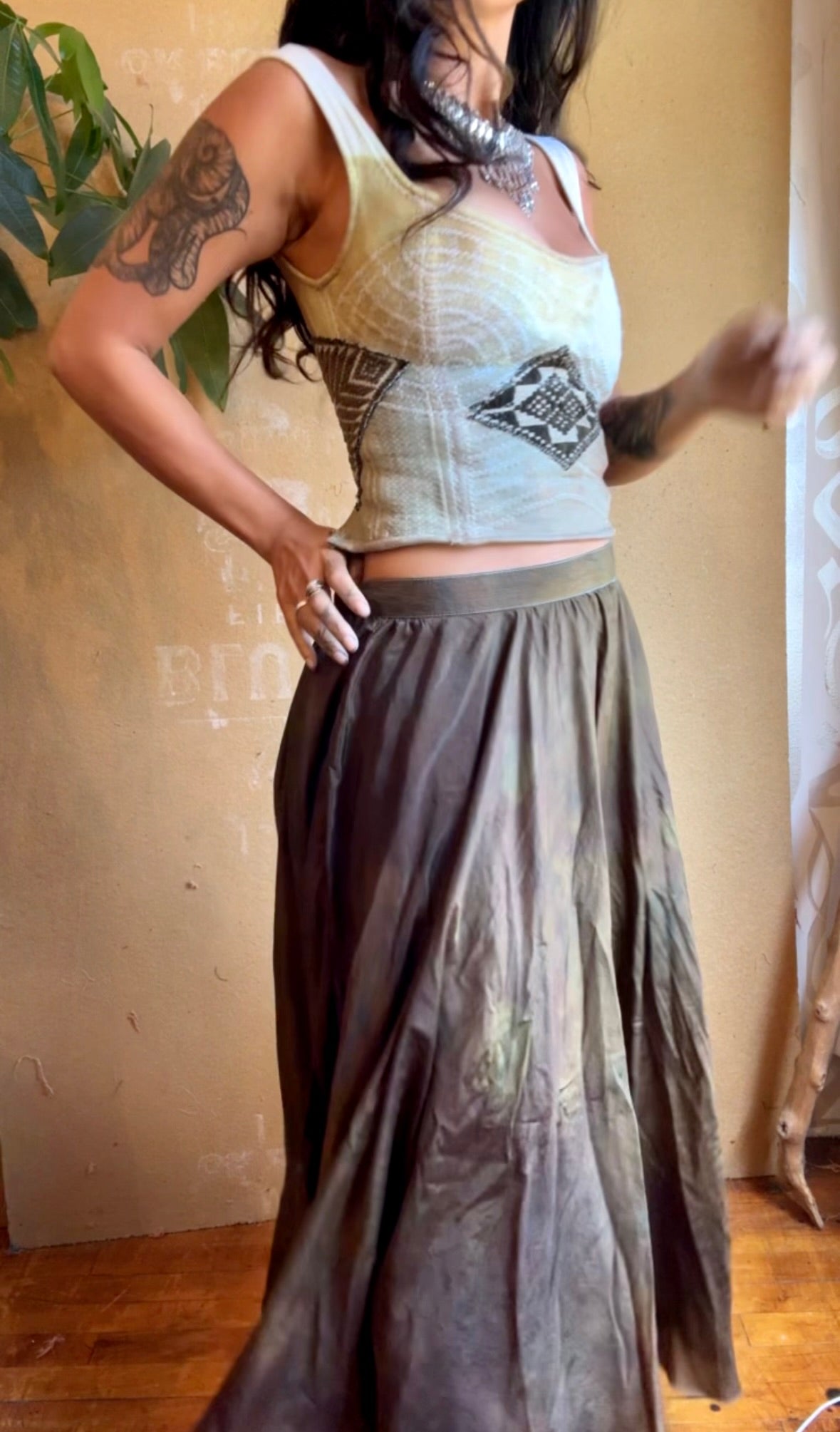 Small - Bronze Beetle Maxi/midi Skirt - Made from 8 meters of 100% Peace Ahisma Silk - Hand dyed- Olive green/bronze/brown -OOAK