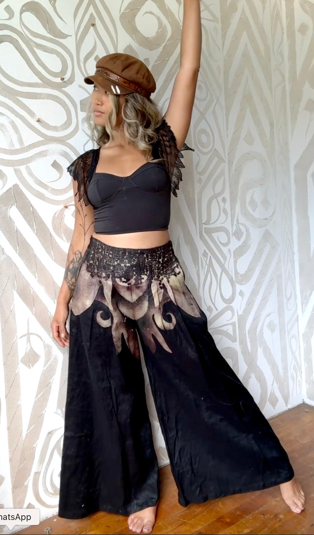 Size 4 - (Fits small -Medium ) The Black Dragon Pants- Wide legged Skirt Like Pants - -Pleated - Pockets -40 Cotton 60 Linen - OOAK - Embroidered Detailed waist - Stretch back waist band