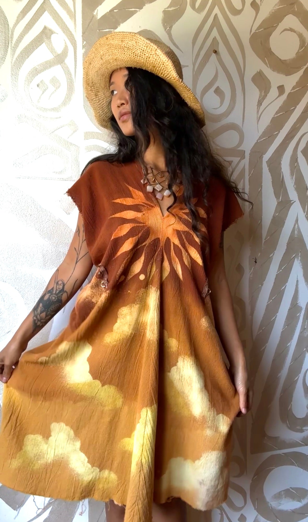 Petite(Fits XS/S/M) - RISE N SHINE Sun Dress- Mini Henka Dress- deadstock fabric - 100% open weave cotton - tie back transformable cinch waist