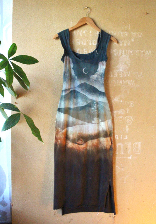 New! Small -Poly Chrome Settings Basket DRESS - An ode to the past- 96%cotton 4% Spandex- Stretchy - hand dyed - stenciled